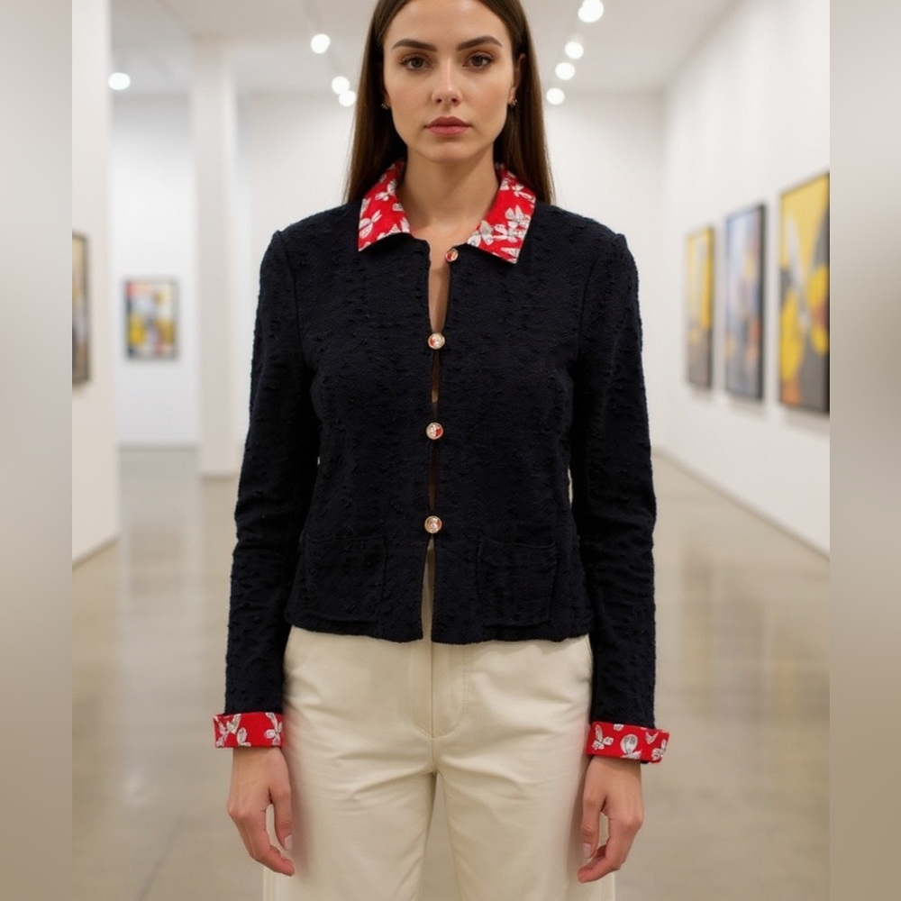 Christian A Black Cardigan with Red Floral Collar (removable)